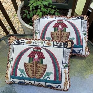 2-Noah’s Arc Jacquard Tapestry 15” X 12” Pillows Embroidered